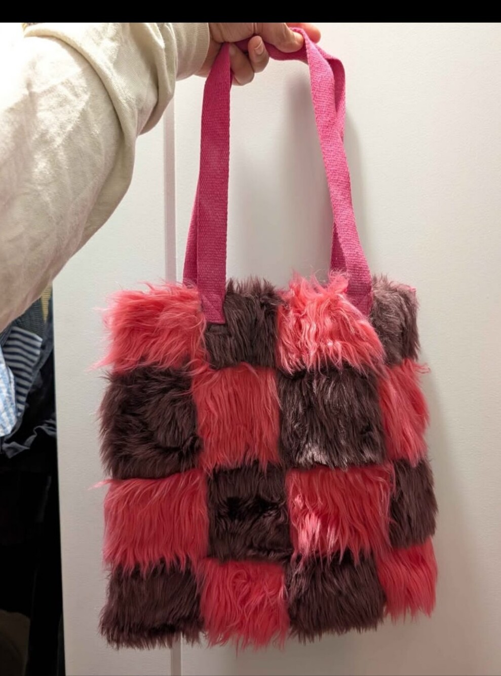 Pink & Brown Faux Fur Checker Tote Bag - Womens Handbag